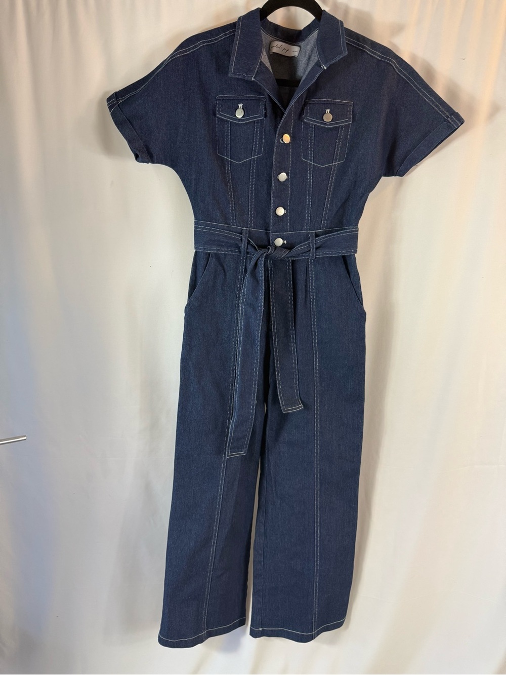 Petal & Pup Dark Blue Denim Tie-Waist Jumpsuit Short Sleeve size: S - Picture 6 of 17